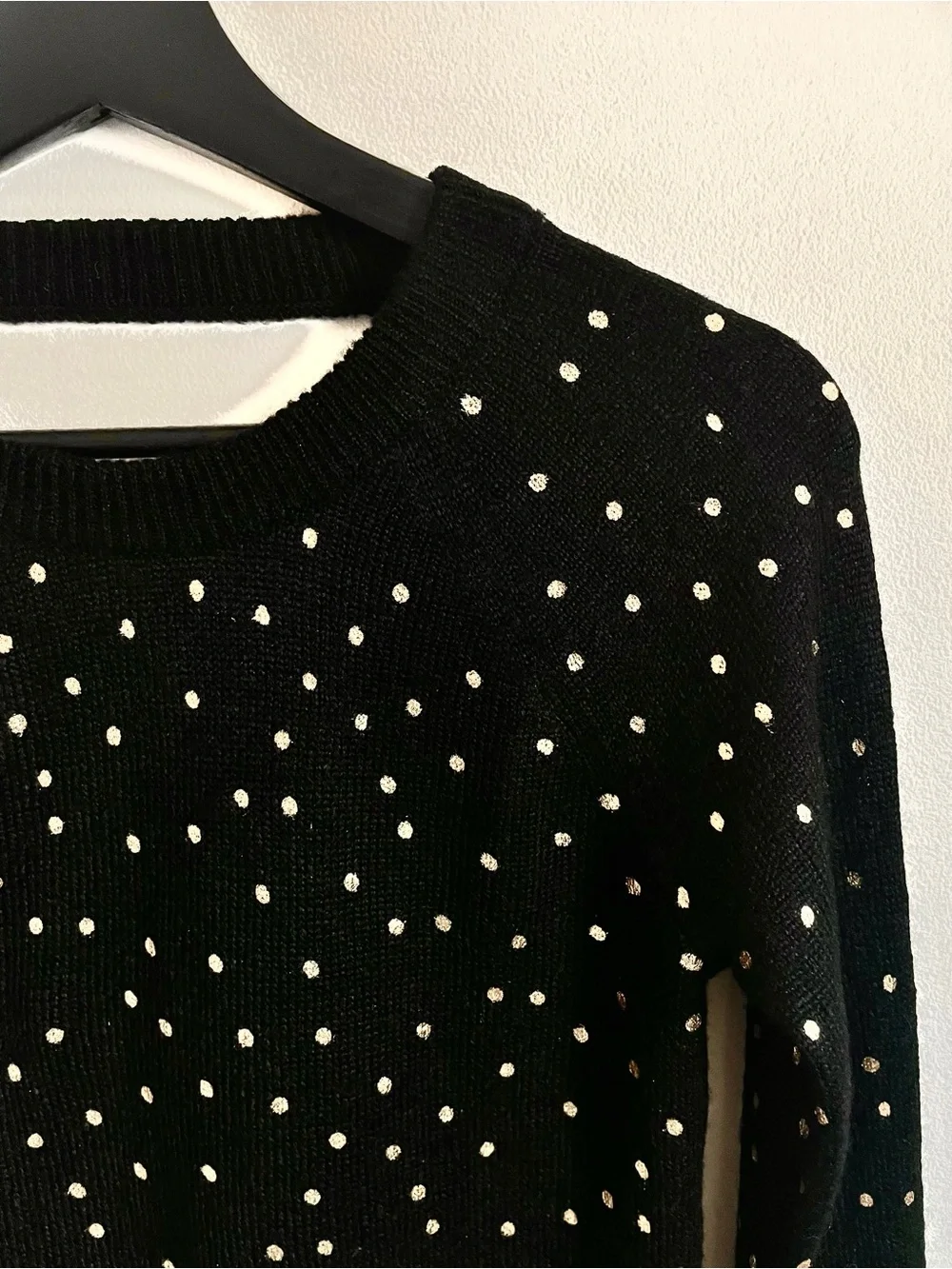 Loft Black Crew Neck Sweater With Gold Metallic Polka Dots Size XS EUC